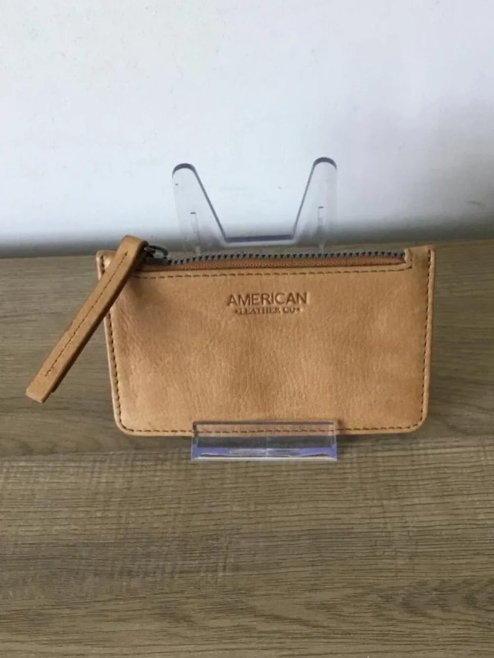 American Leather Co. Tan Genuine Leather Wallet Card Case Zip Closure EUC